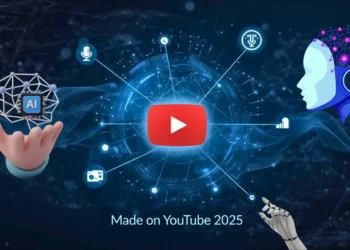YouTube 2025 আপডেট: AI, Veo 3, Shorts, এবং ক্রিয়েটর টুলস দেখায় এমন নীল প্রযুক্তিগত চিত্র