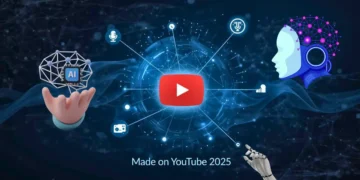 YouTube 2025 আপডেট: AI, Veo 3, Shorts, এবং ক্রিয়েটর টুলস দেখায় এমন নীল প্রযুক্তিগত চিত্র