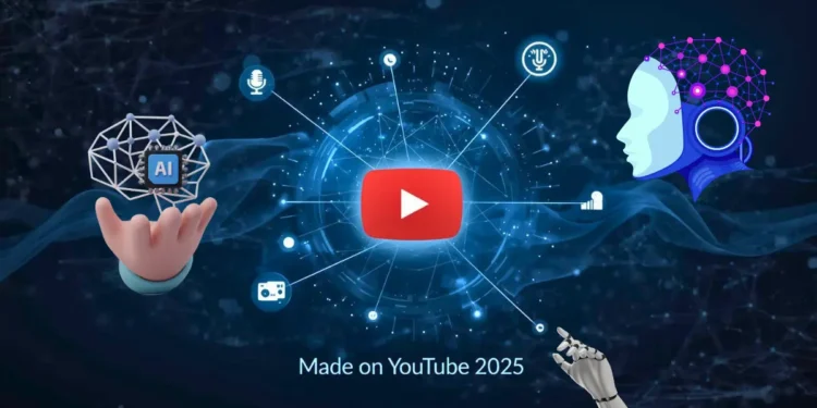 YouTube 2025 আপডেট: AI, Veo 3, Shorts, এবং ক্রিয়েটর টুলস দেখায় এমন নীল প্রযুক্তিগত চিত্র
